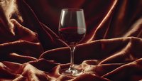 Glass of red wine on luxurious copper satin fabric with dramatic lighting and deep shadows creating elegant mood for wine tasting or fine dining atmosphere.