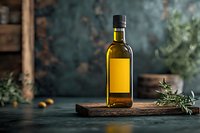 Olive oil bottle with blank label on wooden board against dark background, fresh rosemary sprigs, moody food photography composition for product mockup.