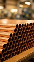 Stack of copper pipes in industrial warehouse with blurred background for plumbing and construction projects.