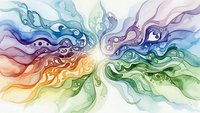 Abstract watercolor flowing waves in rainbow spectrum creating dynamic energy movement with organic fluid forms and vibrant color transitions on white background.