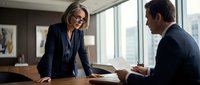 Confident middle-aged Caucasian businesswoman in suit discussing documents with male colleague in modern corporate office boardroom.
