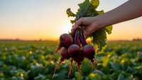 Fresh organic beetroot bunch held by hand in agricultural field during golden hour sunset for healthy eating and farm-to-table concepts.