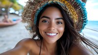 Young Hispanic woman with bright smile wearing straw hat at beach, natural beauty with long dark hair and white teeth, summer vacation lifestyle portrait.