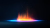 Glowing energy horizon with vibrant orange and blue light rays emerging from darkness, creating dramatic atmospheric illumination effect on black background.