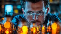 Male scientist in protective eyewear examining laboratory glassware with dramatic orange bokeh lighting effect creating atmospheric research environment in dark lab setting.