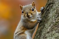 Cute gray squirrel clinging to tree trunk with tiny paws, fluffy tail and alert expression in natural outdoor wildlife habitat during autumn season.