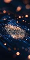 Digital fingerprint scan visualization with glowing orange light particles on dark blue background, representing cybersecurity and biometric authentication technology.