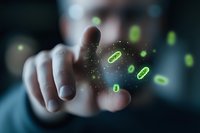 Glowing green binary code elements floating around male hand touching virtual interface in dark space, representing digital transformation and future technology.