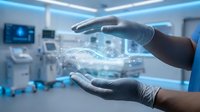 Healthcare professional hands in gloves protecting digital medical data network in modern hospital operating room with advanced technology equipment.