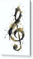 Treble clef musical note in black and gold watercolor splashes on white isolated background, suitable for music design, posters, and merchandise printing.