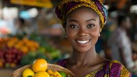 Young African woman in colorful traditional headwrap smiling while holding fresh oranges at vibrant local market, showcasing cultural heritage and healthy lifestyle.