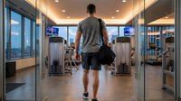 Young athletic man walking into modern fitness gym with glass doors and city view windows carrying sports bag for workout training session.