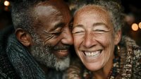 Happy senior African American couple embracing and laughing together, showing genuine joy and love in warm intimate moment with bokeh lights background.