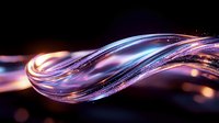 Luminous flowing abstract waves with purple and blue light streaks against dark background, glowing energy motion effect with bokeh particles.