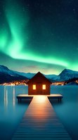 Wooden cabin on pier under spectacular northern lights aurora borealis, snowy mountains and illuminated village reflecting in calm fjord waters at night.