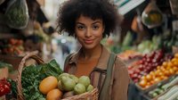 Young African American woman shopping for fresh organic produce at farmers market with basket full of green vegetables and fruits.