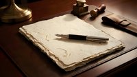 Vintage fountain pen rests on aged parchment paper beside brass scale of justice and wooden gavel on dark wooden desk for legal document signing.