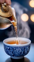 Steaming hot tea poured from metal teapot into traditional blue and white porcelain cup with oriental pattern, bokeh lights in dark background.