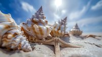 Seashells and starfish arranged on white sand against bright blue sky with dramatic clouds, creating coastal beach atmosphere. Macro photography highlights texture.