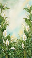 Watercolor peace lily flowers with lush green foliage creating natural frame border on soft pastel background for botanical design projects.