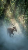 Majestic antelope with long horns standing in misty tropical forest with dramatic sunlight filtering through dense green foliage creating mystical atmosphere.