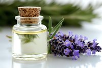 Fresh lavender flowers next to glass bottle with essential oil and cork stopper on white surface, aromatic spa treatment and aromatherapy concept.
