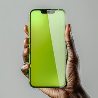 African American hand holding modern smartphone with bright green screen display against neutral gray background, mockup ready for app or website design.