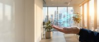 Businessman hand touching digital network connection lines in modern office with city skyline view, representing technology and business communication solutions.