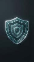 Glowing neon shield with digital network mesh and connected nodes on dark background, representing cybersecurity, data protection, and technology defense systems.