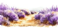 Watercolor lavender field landscape with purple flowers and golden path through blooming bushes in soft artistic style. Romantic countryside scenery.