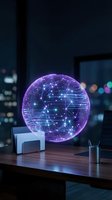 Futuristic holographic brain with neural network connections floating above modern office desk in dark tech workspace for AI and innovation concepts.