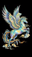 Ornate flying pegasus with blue and gold watercolor details, isolated on transparent background. Great for t-shirt design, stickers, clipart, sublimation, print on demand.