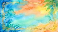 Watercolor gradient background with blue, turquoise, yellow and orange hues, ornate gold decorative corners and botanical elements, suitable for invitations and design projects.