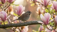Small brown sparrow perched on magnolia tree branch surrounded by pink blooms in spring garden setting with soft natural lighting and bokeh background.
