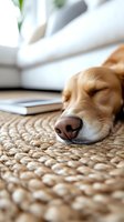 Sleeping golden retriever dog resting nose on woven jute rug next to digital tablet in modern living room, selective focus on wet nose and natural texture.
