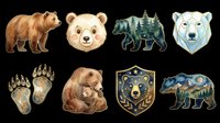 Watercolor bear clipart set with 8 elements: grizzly, cub face, forest silhouette, geometric polar bear, paw prints, mother and cub, badge, and mountain bear. Transparent background, ready for design.