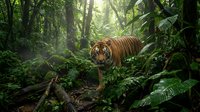 Majestic tiger walking through dense tropical rainforest with lush green vegetation and filtered sunlight creating dramatic atmosphere for wildlife photography.