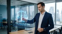 Professional businessman interacting with holographic legal technology interface in modern office environment for corporate presentations.