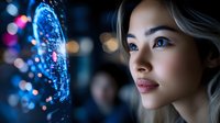 Young Asian woman gazing at futuristic holographic display with blue digital data visualization in modern tech environment for innovation concepts.