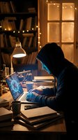 Hooded hacker working on laptop in dark room with glowing screen, cybersecurity threat concept for digital security and data protection awareness.