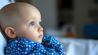 Caucasian baby in blue polka dot pajamas gazing upward with innocent expression and bright blue eyes, soft natural lighting creates gentle mood for parenting and childhood concepts.