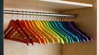 Colorful rainbow wooden coat hangers arranged in spectrum order hanging on closet rod for organized wardrobe storage and home organization solutions.