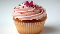 Pink frosted vanilla cupcake decorated with silver sugar pearls and red heart on top, sweet dessert photography on light background for bakery and confectionery.