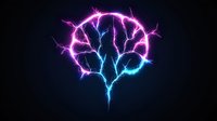 Glowing neon brain shape formed by electric lightning bolts in pink and blue colors on dark background, symbolizing mind power, artificial intelligence and neural connections.
