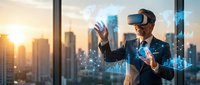 Professional businessman using virtual reality headset interacting with holographic data analytics in modern office with city skyline at sunset.
