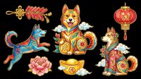 Colorful Chinese New Year decorative elements including lucky cats, dragons, lanterns, and flowers isolated on transparent background. Ready for t-shirts, stickers, clipart, sublimation, and print-on-demand designs.