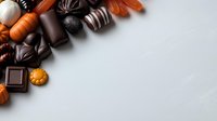 Assorted chocolate candies and Halloween pumpkin decorations arranged on white background with copy space, top view composition for seasonal design.