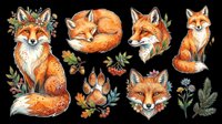 Cute fox character collection with autumn foliage, isolated on transparent background. Ready for t-shirt design, clipart, stickers, sublimation, print-on-demand products and digital crafts.