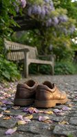 Worn brown leather shoes on a cobblestone path with fallen petals, wooden bench and blooming wisteria in a lush garden background.