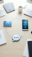 Customer support communication concept with email, phone and chat icons connected on modern office desk with smartphone displaying support call interface.